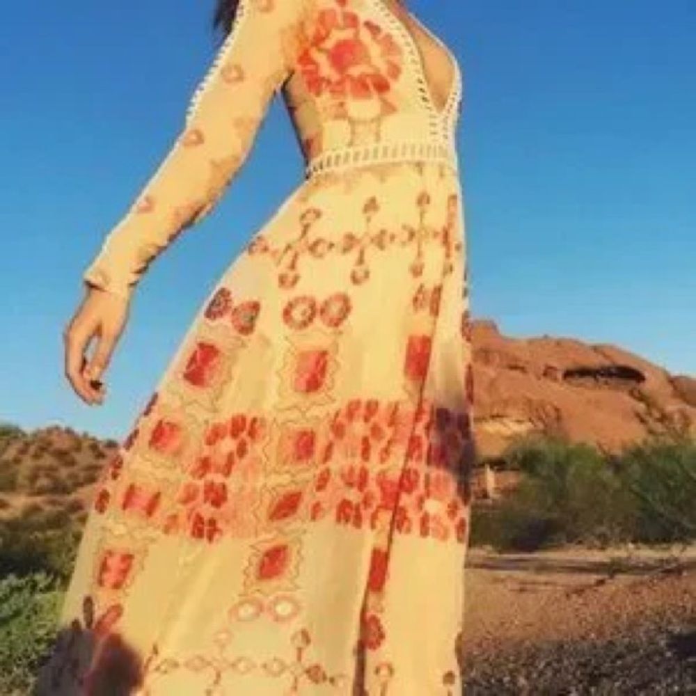 For Love And Lemons Barcelona Beige and Orange Long Sleeve Dress - Picture 2 of 7